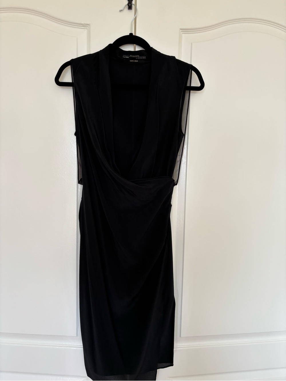 AllSaints Black Draped V-Neck Midi Dress with Gathered Waist